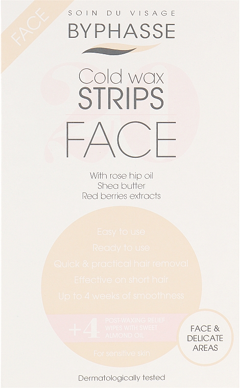 Byphasse Bandes de cire froide pour visage et zones délicates (bandes de cire/20pcs + lingettes apaisantes/4pcs)