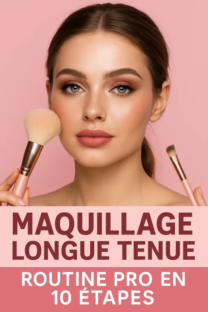 Routine complète pour un maquillage longue tenue en 10 étapes 💋 10 Femme maquillée, fond rose clair, maquillage longue tenue