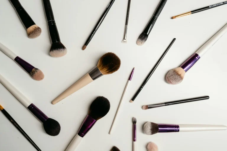 overhead shot of makeup brushes