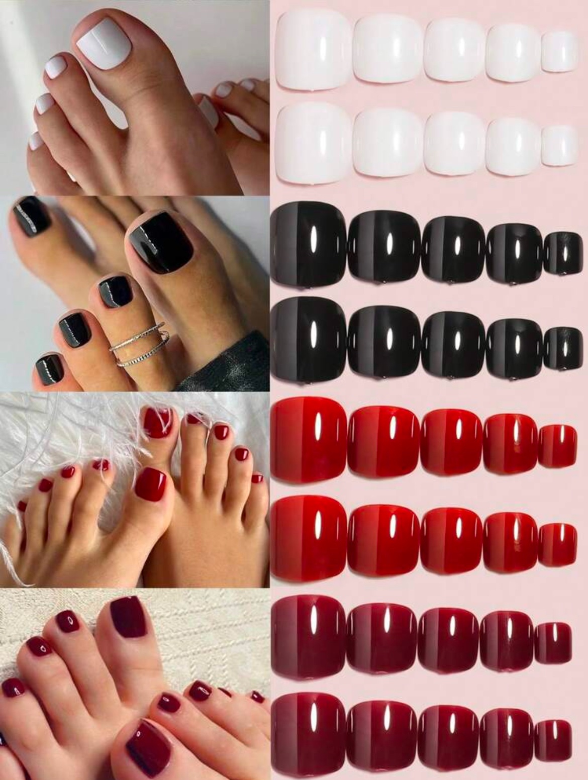 VV MEIJIAER Press-On Nails D’orteils 96 Pièces Réutilisables Carrés Courts (Blanc/Noir/Rouge Cerise/Rouge) Avec Boîte - ZJ182