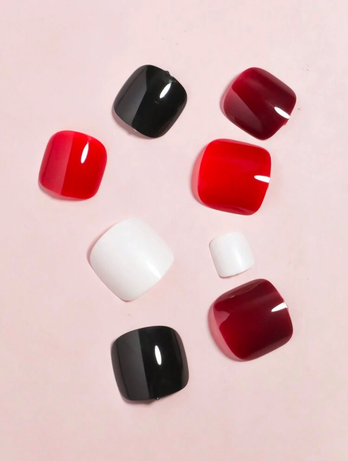 VV MEIJIAER Press-On Nails D’orteils 96 Pièces Réutilisables Carrés Courts (Blanc/Noir/Rouge Cerise/Rouge) Avec Boîte - ZJ182