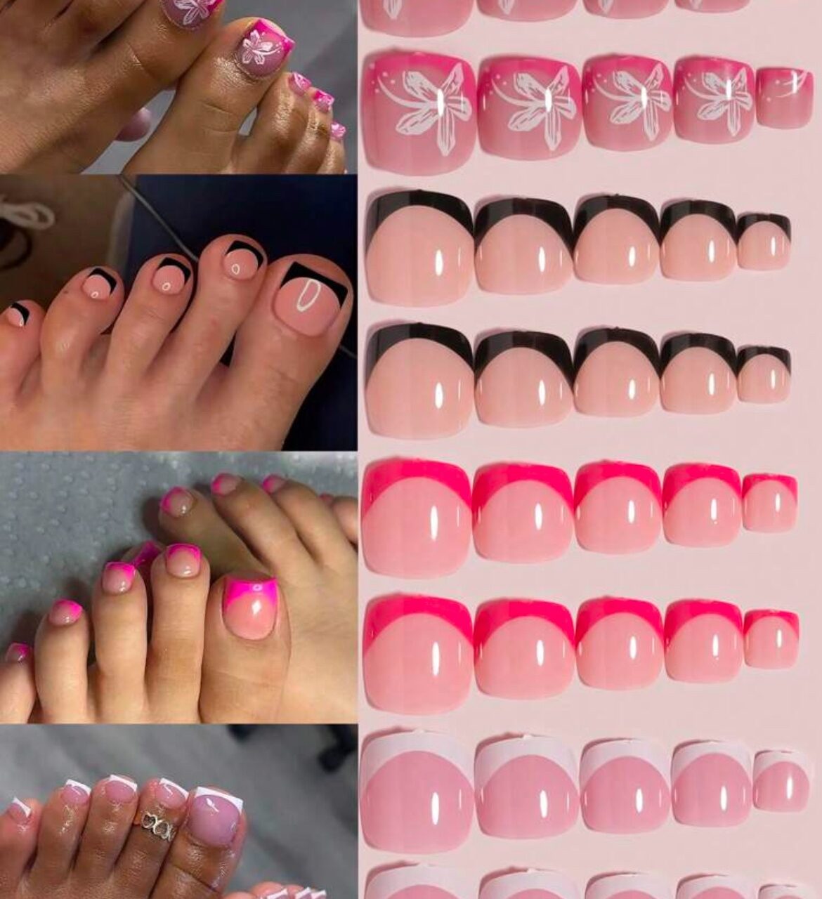VV MEIJIAER Press-On Nails D’orteils 96 Pièces Réutilisables Carrés Courts (4xFrench) Avec Boîte + Feuille Adhésive + Mini Lime - ZJ210
