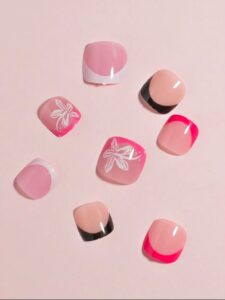 VV MEIJIAER Press-On Nails D’orteils 96 Pièces Réutilisables Carrés Courts (4xFrench) Avec Boîte + Feuille Adhésive + Mini Lime - ZJ210