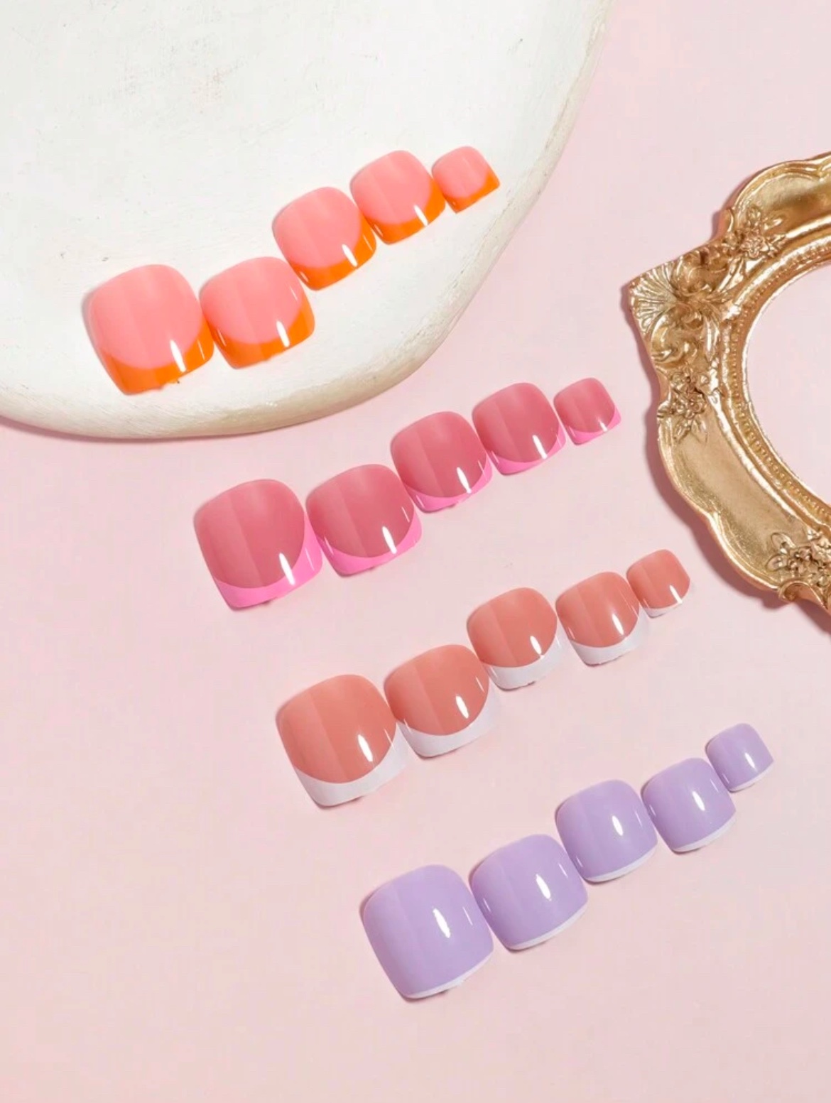 VV MEIJIAER Press-On Nails D’orteils 96 Pièces Réutilisables Carrés Courts (4xFrench) Avec Boîte + Feuille Adhésive + Mini Lime - ZJ200