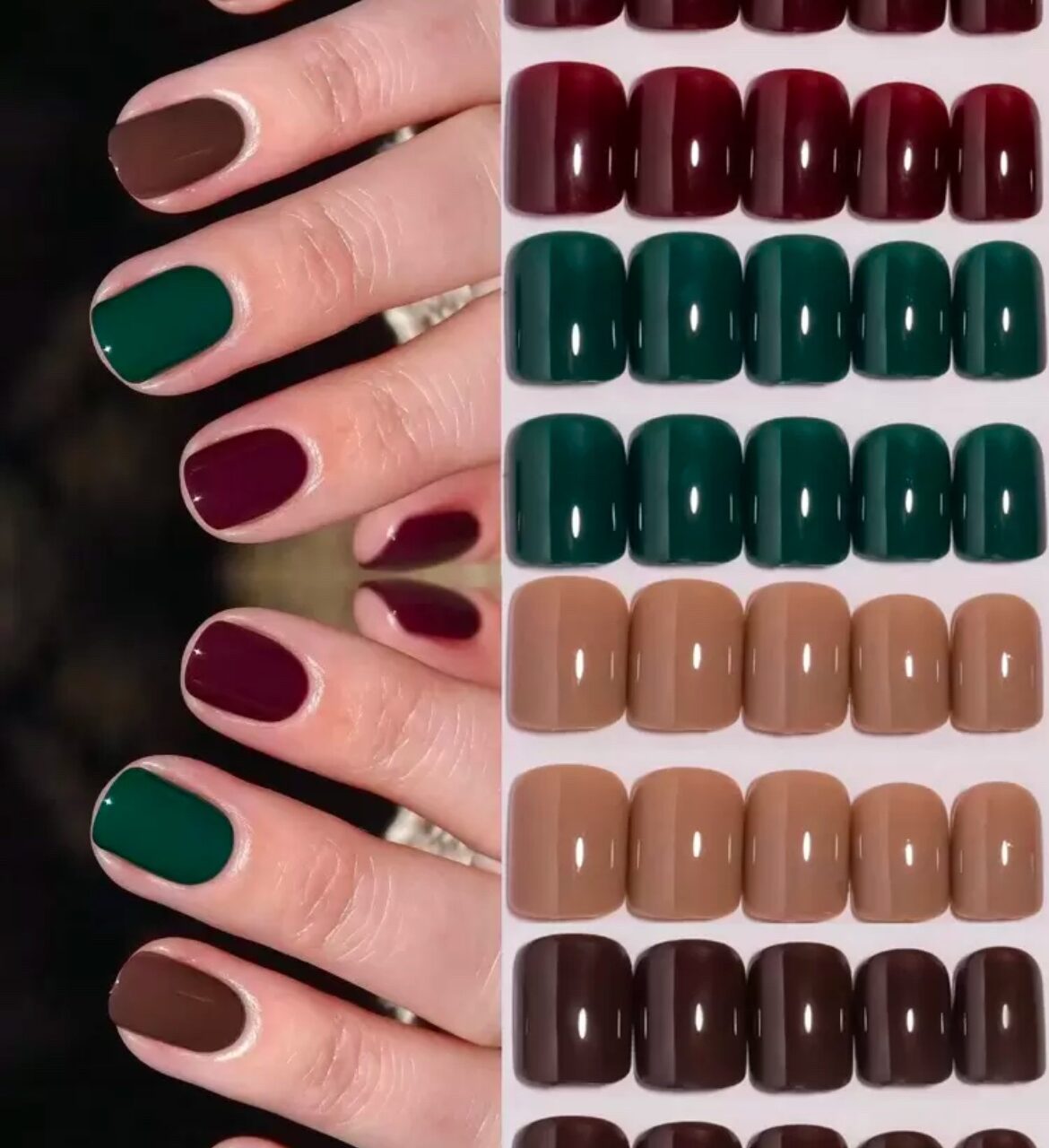 VV MEIJIAER Press-On Nails 96 Pièces Réutilisables Carrés Courts (Rouge Cerise/Vert Foncé/Marron/Nude) Avec Boîte - ZJ231