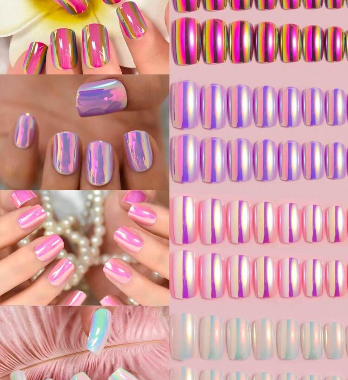 VV MEIJIAER Press-On Nails 96 Pièces Réutilisables Carrés Courts (Mermaid White/Purple/Pink/Peach Pink) Avec Boîte + Feuille Adhésive + Mini Lime - ZJ304