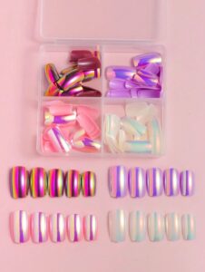 VV MEIJIAER Press-On Nails 96 Pièces Réutilisables Carrés Courts (Mermaid White/Purple/Pink/Peach Pink) Avec Boîte + Feuille Adhésive + Mini Lime - ZJ304