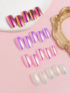 VV MEIJIAER Press-On Nails 96 Pièces Réutilisables Carrés Courts (Mermaid White/Purple/Pink/Peach Pink) Avec Boîte + Feuille Adhésive + Mini Lime - ZJ304