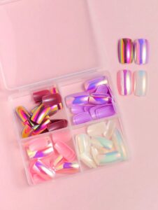 VV MEIJIAER Press-On Nails 96 Pièces Réutilisables Carrés Courts (Mermaid White/Purple/Pink/Peach Pink) Avec Boîte + Feuille Adhésive + Mini Lime - ZJ304