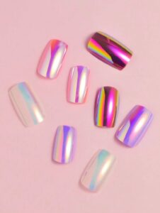 VV MEIJIAER Press-On Nails 96 Pièces Réutilisables Carrés Courts (Mermaid White/Purple/Pink/Peach Pink) Avec Boîte + Feuille Adhésive + Mini Lime - ZJ304