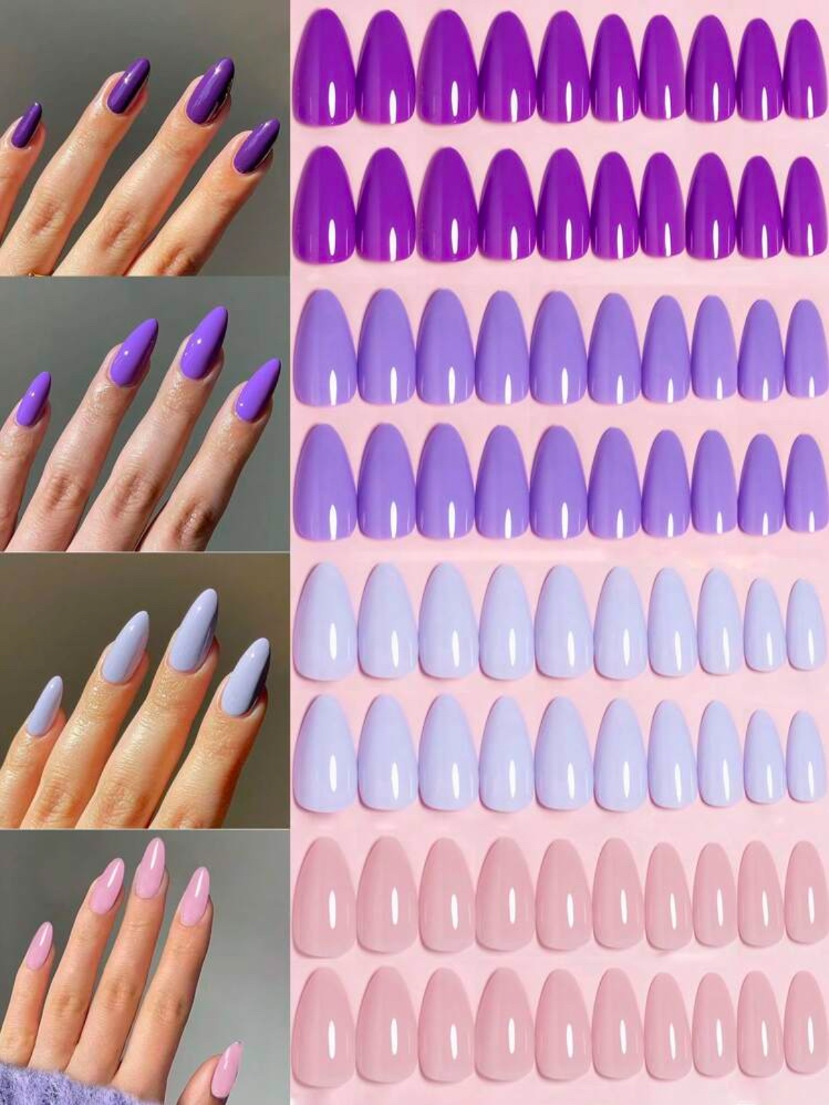 VV MEIJIAER Press-On Nails 96 Pièces Réutilisables Amande Longue (Série Violette) + Feuille Adhésive + Mini Lime - ZJ205