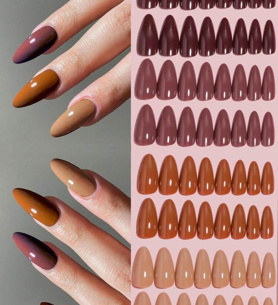 VV MEIJIAER Press-On Nails 96 Pièces Réutilisables Amande Moyennement Longue (Série Brune Dégradée) + Feuille Adhésive + Mini Lime - ZJ358