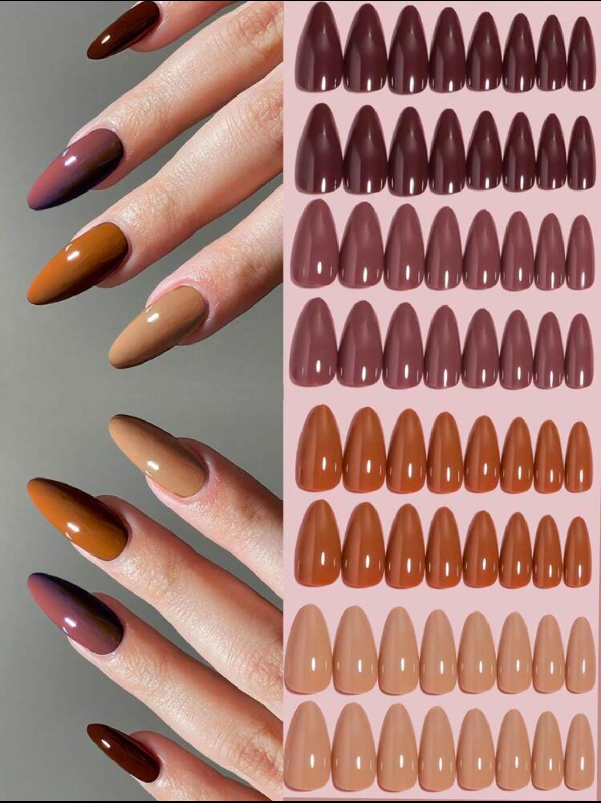 VV MEIJIAER Press-On Nails 96 Pièces Réutilisables Amande Moyennement Longue (Série Brune Dégradée) + Feuille Adhésive + Mini Lime - ZJ358