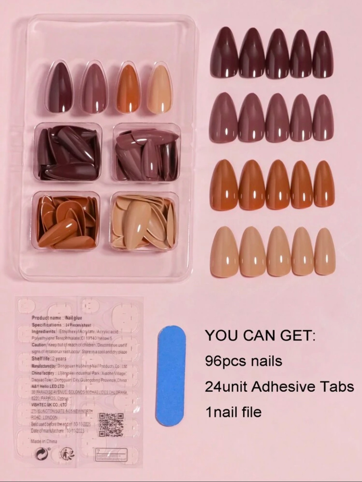 VV MEIJIAER Press-On Nails 96 Pièces Réutilisables Amande Moyennement Longue (Série Brune Dégradée) + Feuille Adhésive + Mini Lime - ZJ358