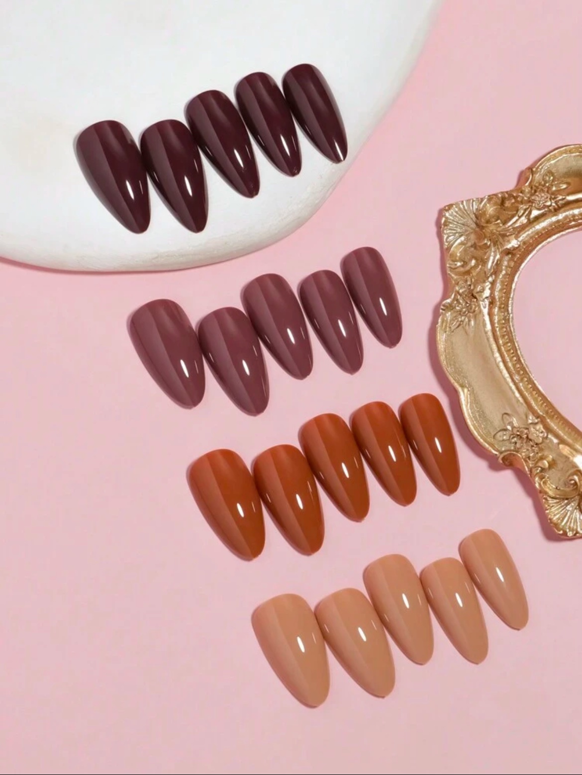 VV MEIJIAER Press-On Nails 96 Pièces Réutilisables Amande Moyennement Longue (Série Brune Dégradée) + Feuille Adhésive + Mini Lime - ZJ358