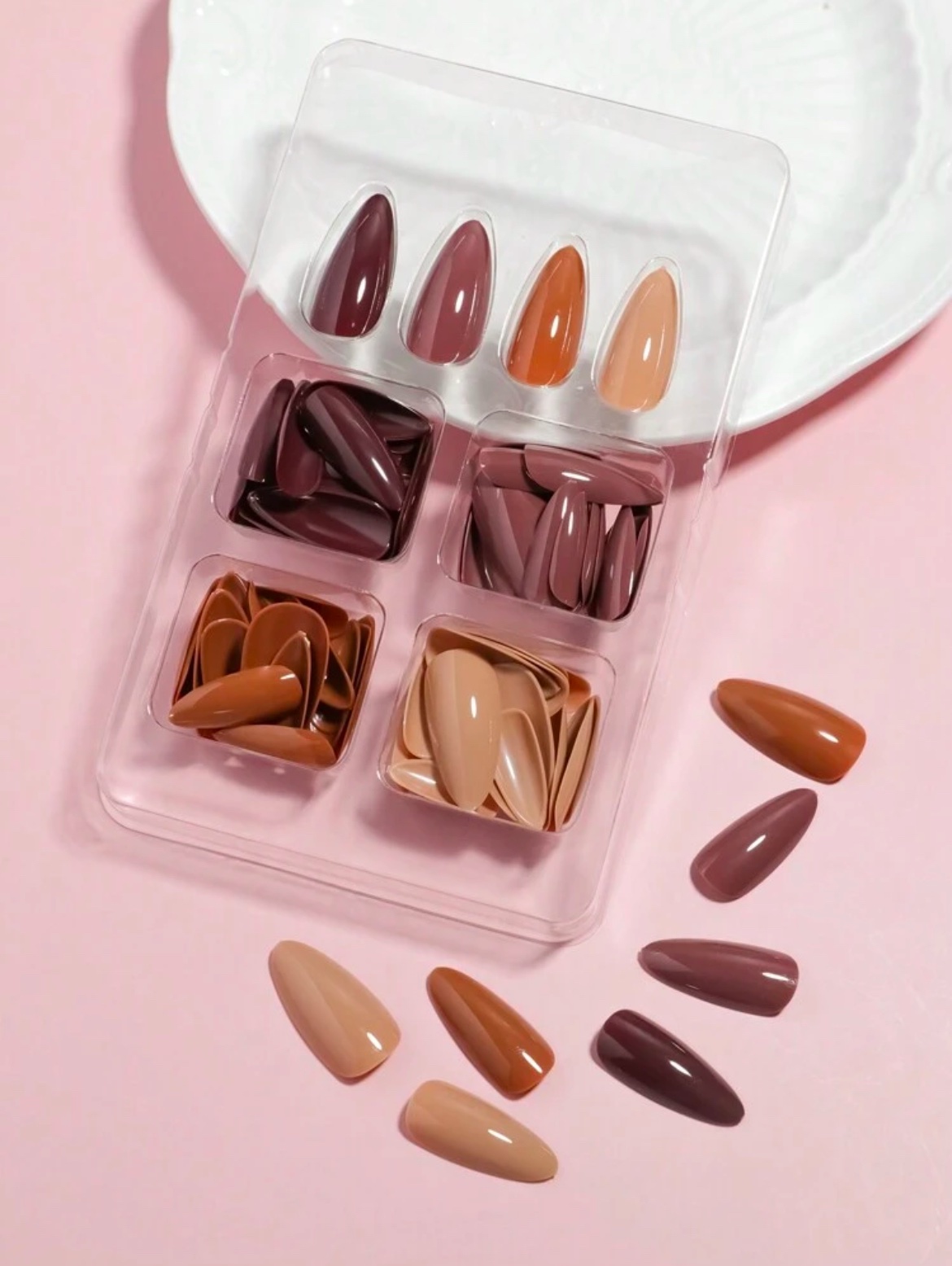 VV MEIJIAER Press-On Nails 96 Pièces Réutilisables Amande Moyennement Longue (Série Brune Dégradée) + Feuille Adhésive + Mini Lime - ZJ358