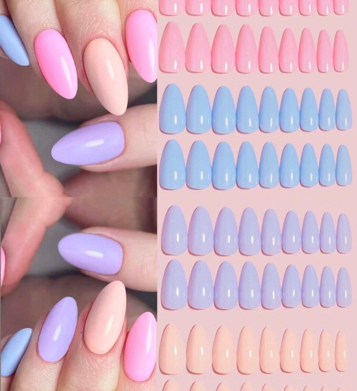 VV MEIJIAER Press-On Nails 96 Pièces Réutilisables Amande Longue (Bleu/Rose/Crème/Violet) + Feuille Adhésive + Mini Lime - ZJ300