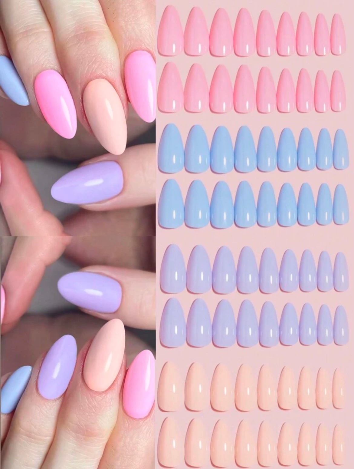 VV MEIJIAER Press-On Nails 96 Pièces Réutilisables Amande Longue (Bleu/Rose/Crème/Violet) + Feuille Adhésive + Mini Lime - ZJ300