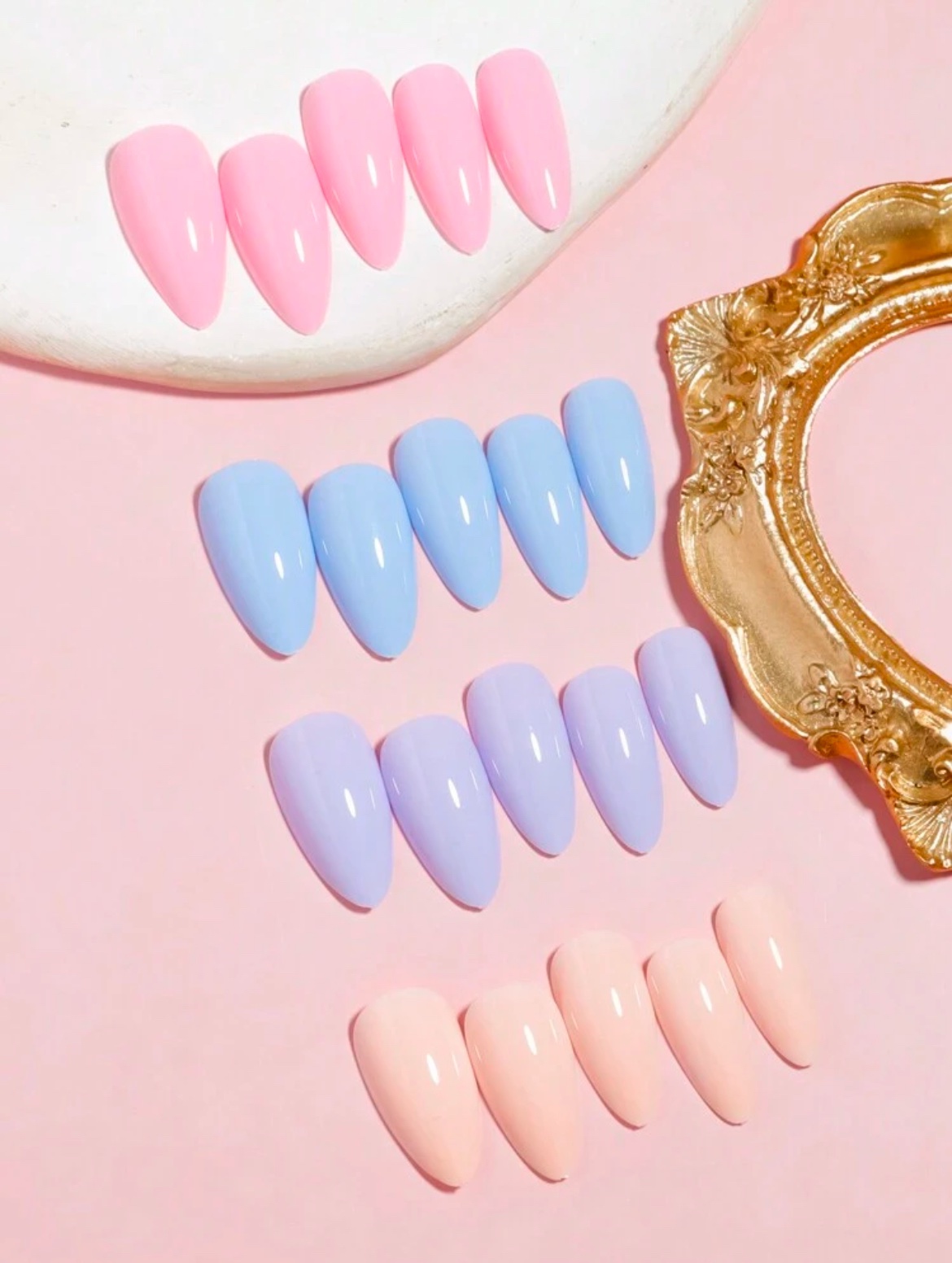 VV MEIJIAER Press-On Nails 96 Pièces Réutilisables Amande Longue (Bleu/Rose/Crème/Violet) + Feuille Adhésive + Mini Lime - ZJ300