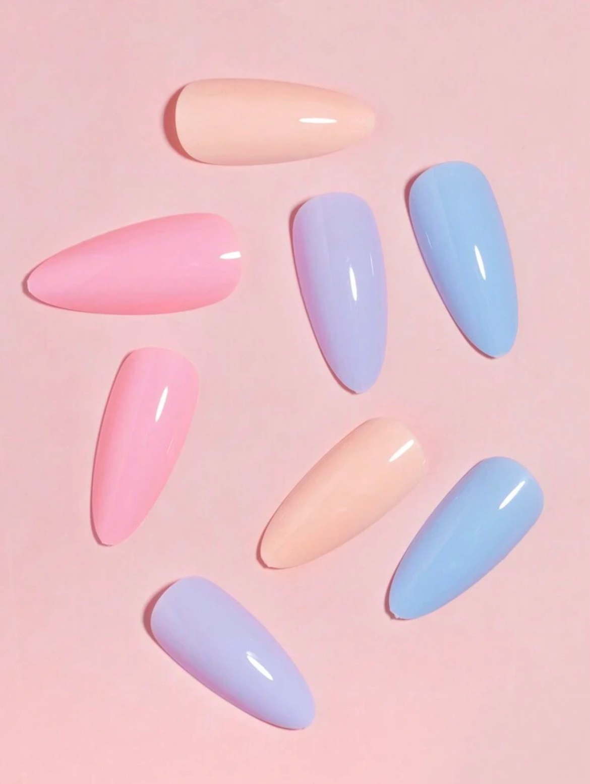 VV MEIJIAER Press-On Nails 96 Pièces Réutilisables Amande Longue (Bleu/Rose/Crème/Violet) + Feuille Adhésive + Mini Lime - ZJ300