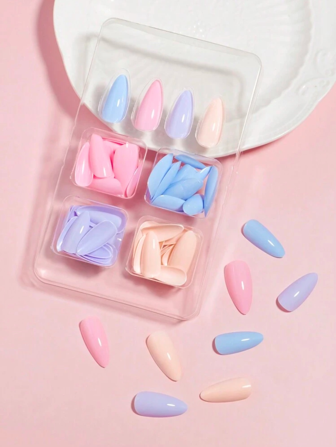 VV MEIJIAER Press-On Nails 96 Pièces Réutilisables Amande Longue (Bleu/Rose/Crème/Violet) + Feuille Adhésive + Mini Lime - ZJ300