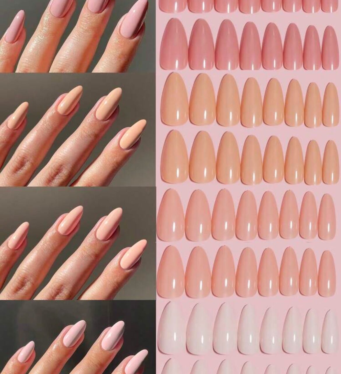 VV MEIJIAER Press-On Nails 96 Pièces Réutilisables Amande Longue (Nude/Beige/Rose Clair/Blanc) + Feuille Adhésive + Mini Lime - ZJ128