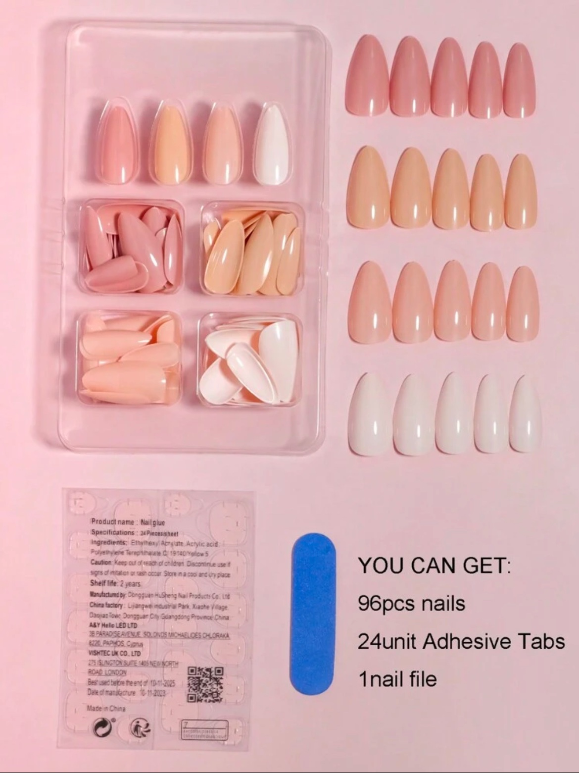 VV MEIJIAER Press-On Nails 96 Pièces Réutilisables Amande Longue (Nude/Beige/Rose Clair/Blanc) + Feuille Adhésive + Mini Lime - ZJ128