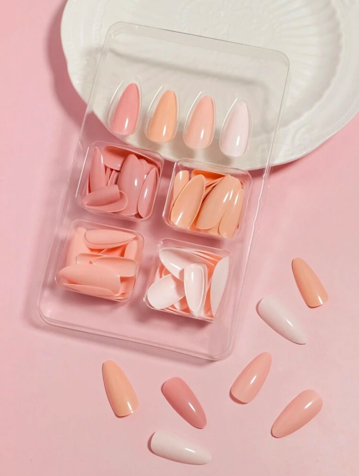 VV MEIJIAER Press-On Nails 96 Pièces Réutilisables Amande Longue (Nude/Beige/Rose Clair/Blanc) + Feuille Adhésive + Mini Lime - ZJ128