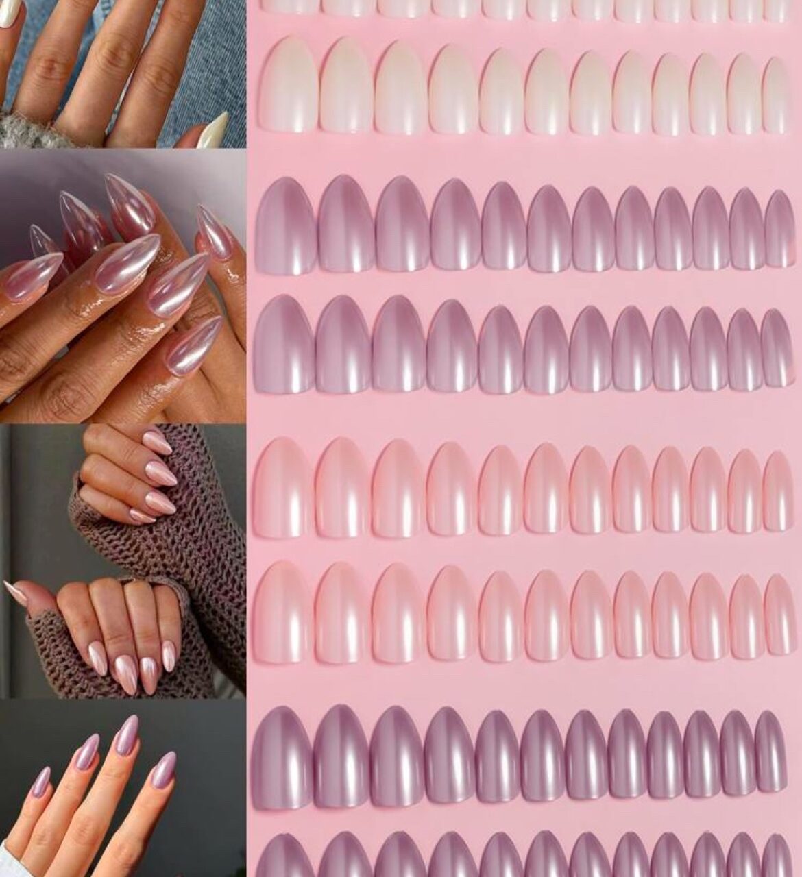 VV MEIJIAER Press-On Nails 96 Pièces Réutilisables Amande Longue (4 Couleurs Perle) + Feuille Adhésive + Mini Lime - ZJ761