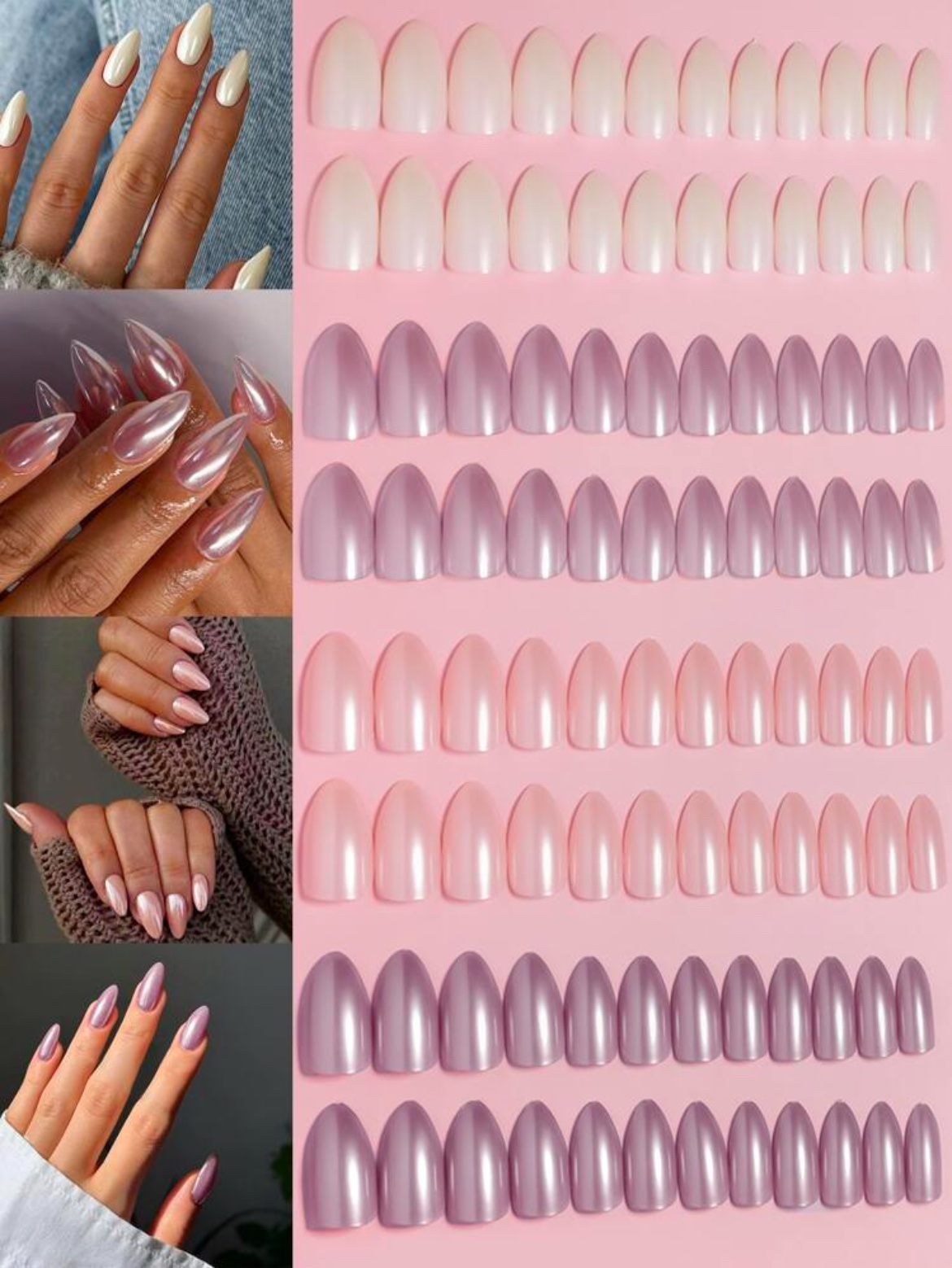 VV MEIJIAER Press-On Nails 96 Pièces Réutilisables Amande Longue (4 Couleurs Perle) + Feuille Adhésive + Mini Lime - ZJ761