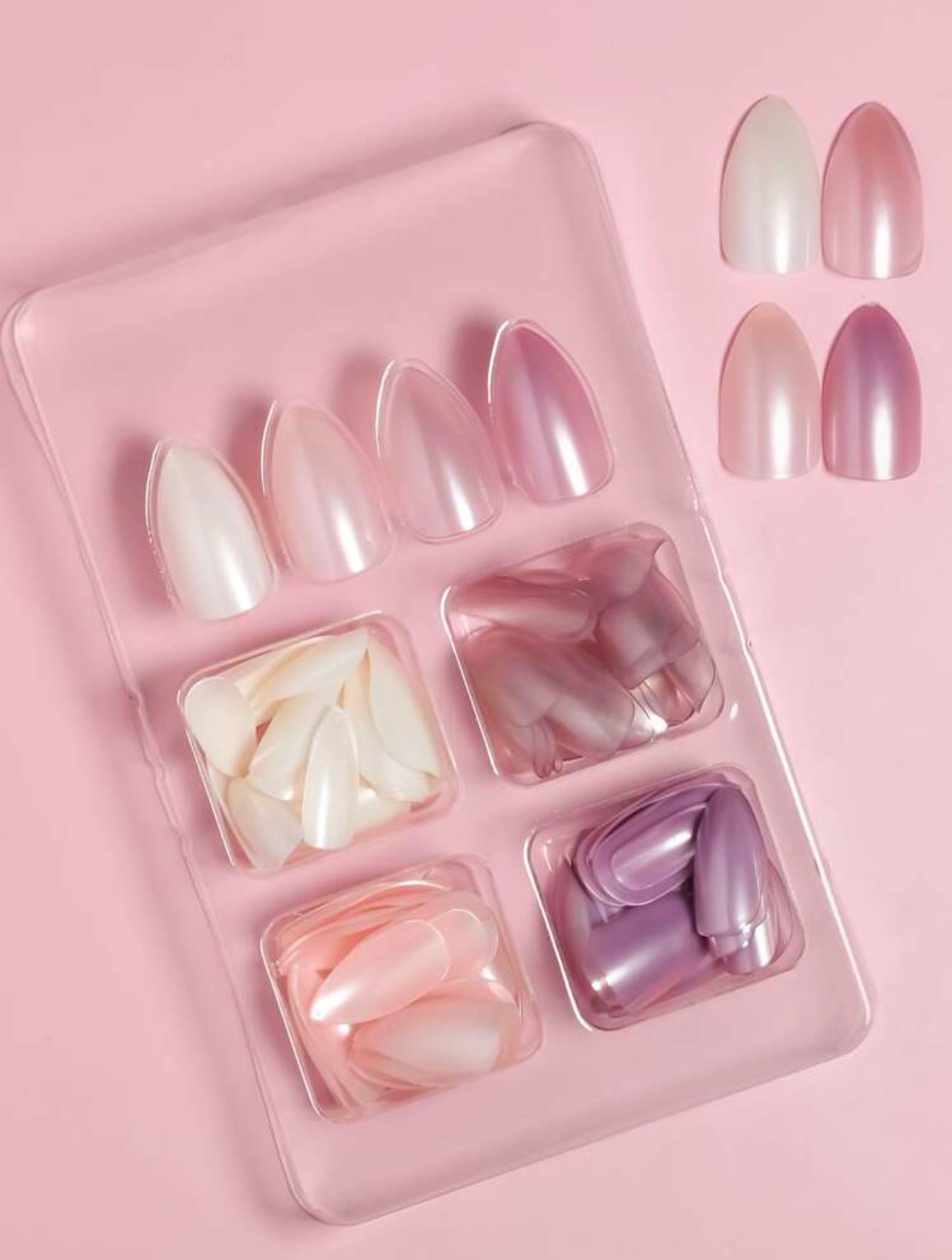 VV MEIJIAER Press-On Nails 96 Pièces Réutilisables Amande Longue (4 Couleurs Perle) + Feuille Adhésive + Mini Lime - ZJ761