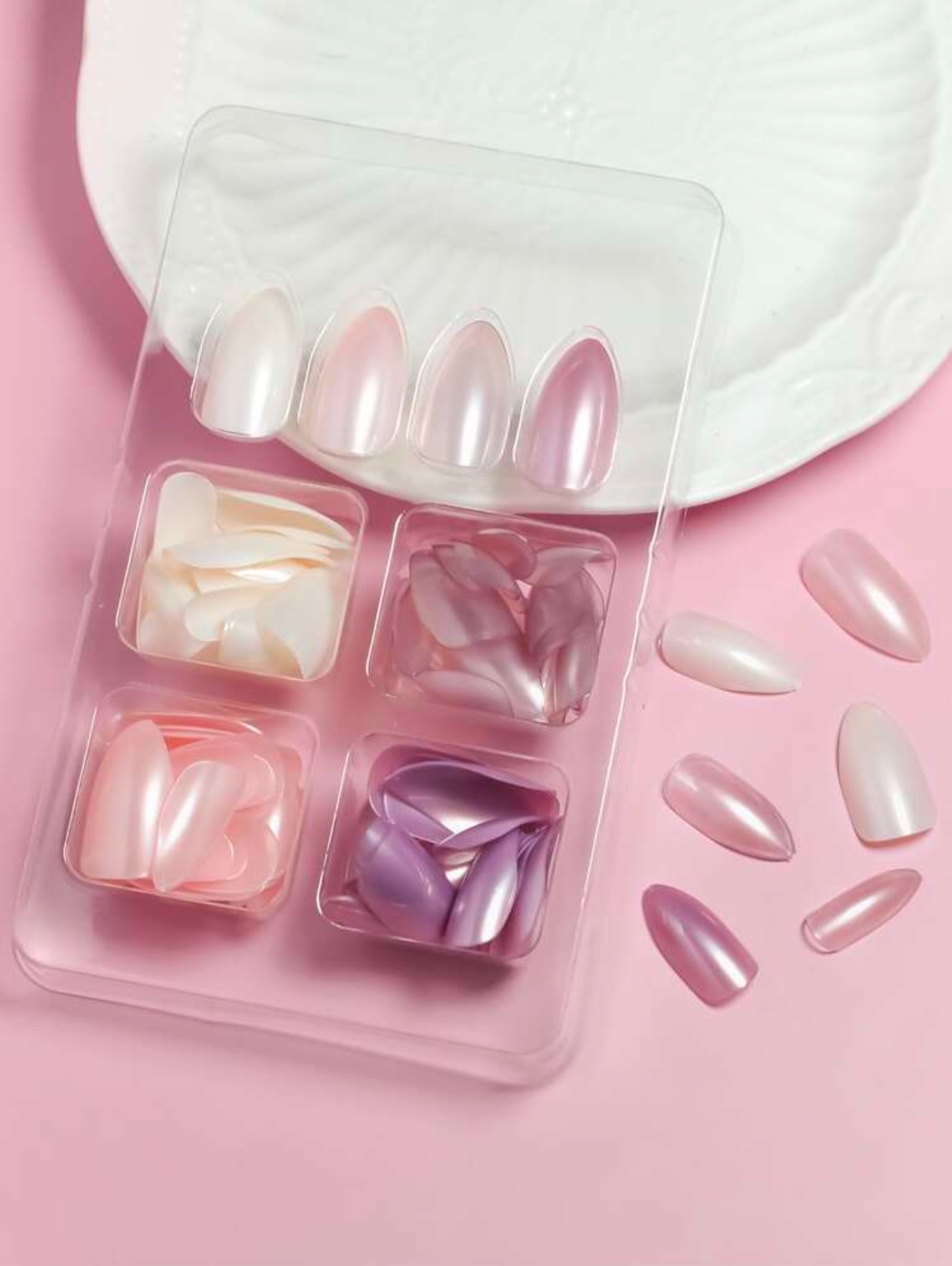 VV MEIJIAER Press-On Nails 96 Pièces Réutilisables Amande Longue (4 Couleurs Perle) + Feuille Adhésive + Mini Lime - ZJ761