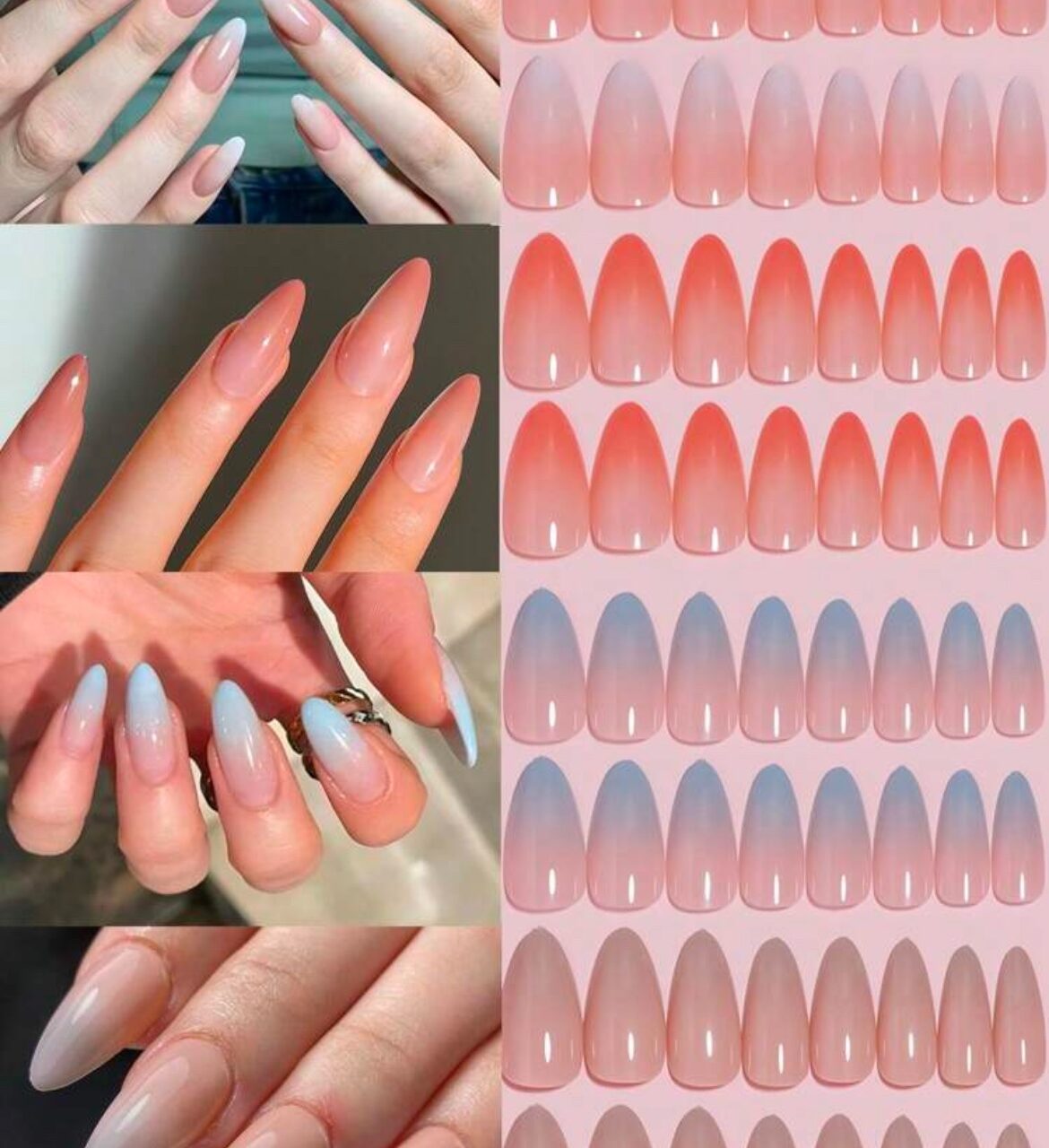 VV MEIJIAER Press-On Nails 96 Pièces Réutilisables Amande Longue (Dégradés: Blanc/Peche/Bleu/Beige) + Feuille Adhésive + Mini Lime - ZJ247