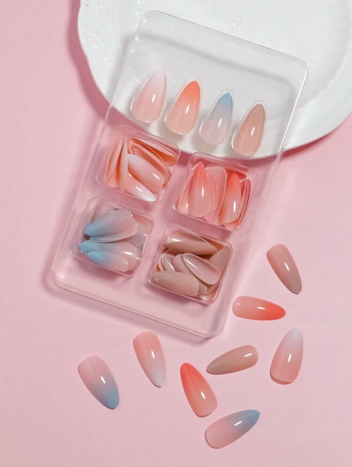 VV MEIJIAER Press-On Nails 96 Pièces Réutilisables Amande Longue (Dégradés: Blanc/Peche/Bleu/Beige) + Feuille Adhésive + Mini Lime - ZJ247 VV MEIJIAER Press-On Nails 96 Pièces Réutilisables Amande Longue (Dégradés: Blanc/Peche/Bleu/Beige) + Feuille Adhésive + Mini Lime - ZJ247