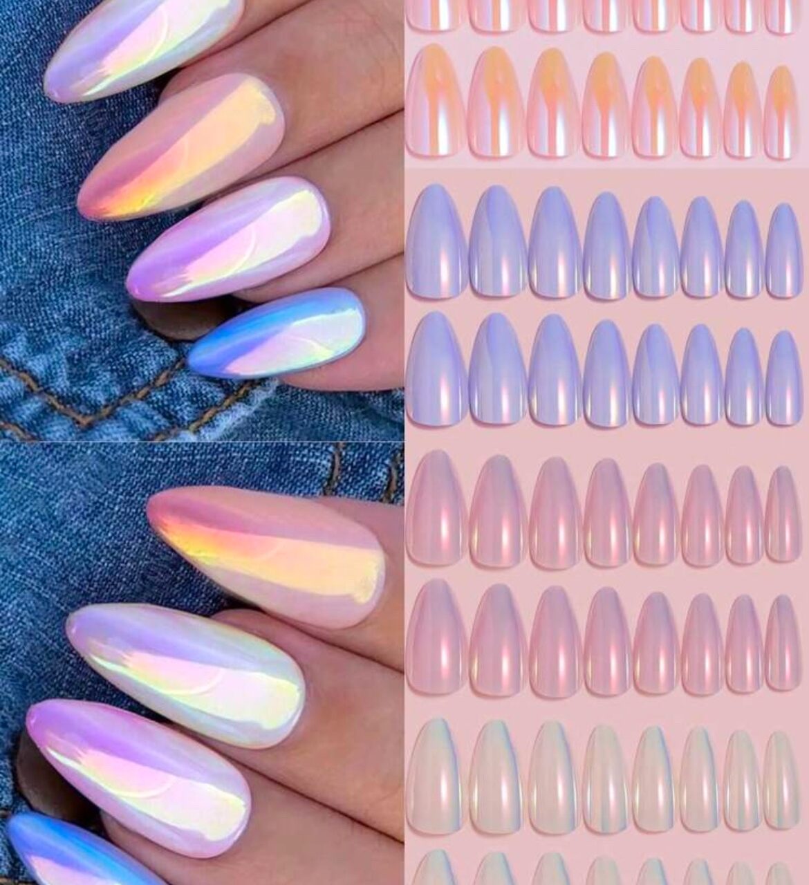 VV MEIJIAER Press-On Nails 96 Pièces Réutilisables Amande Moyenne (4 Couleurs Brillant Magique Chrome) + Feuille Adhésive + Mini Lime - ZJ027