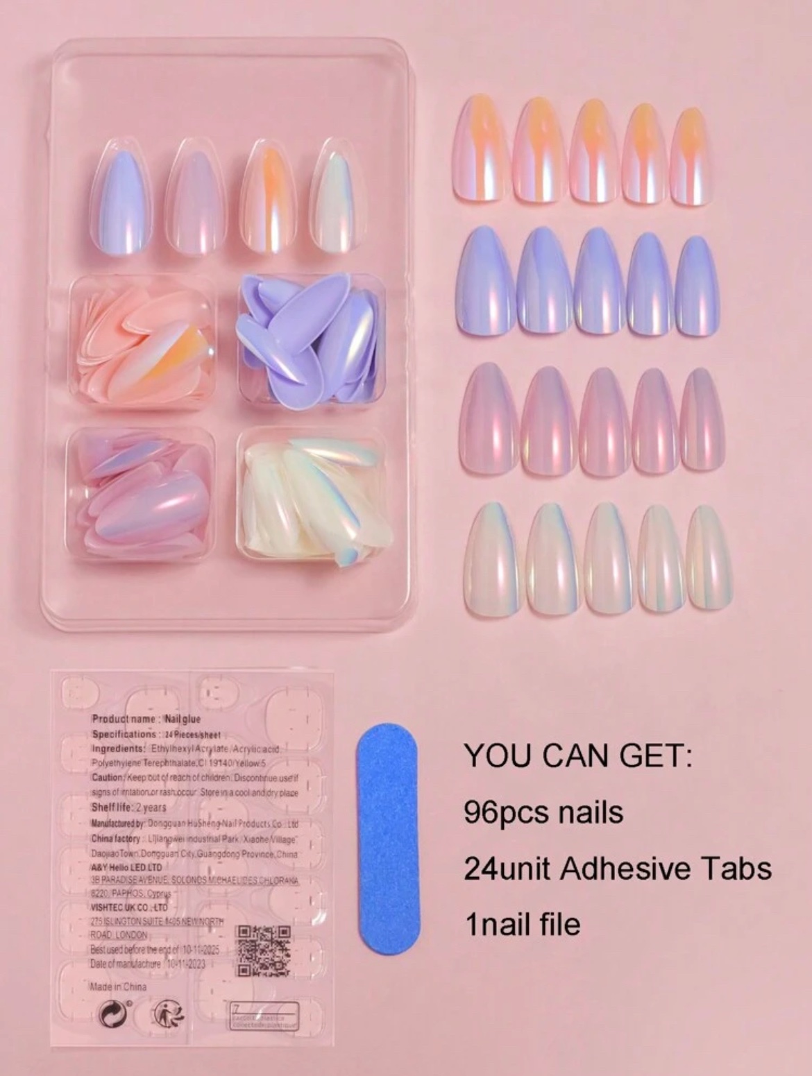 VV MEIJIAER Press-On Nails 96 Pièces Réutilisables Amande Moyenne (4 Couleurs Brillant Magique Chrome) + Feuille Adhésive + Mini Lime - ZJ027 VV MEIJIAER Press-On Nails 96 Pièces Réutilisables Amande Moyenne (4 Couleurs Brillant Magique Chrome) + Feuille Adhésive + Mini Lime - ZJ027