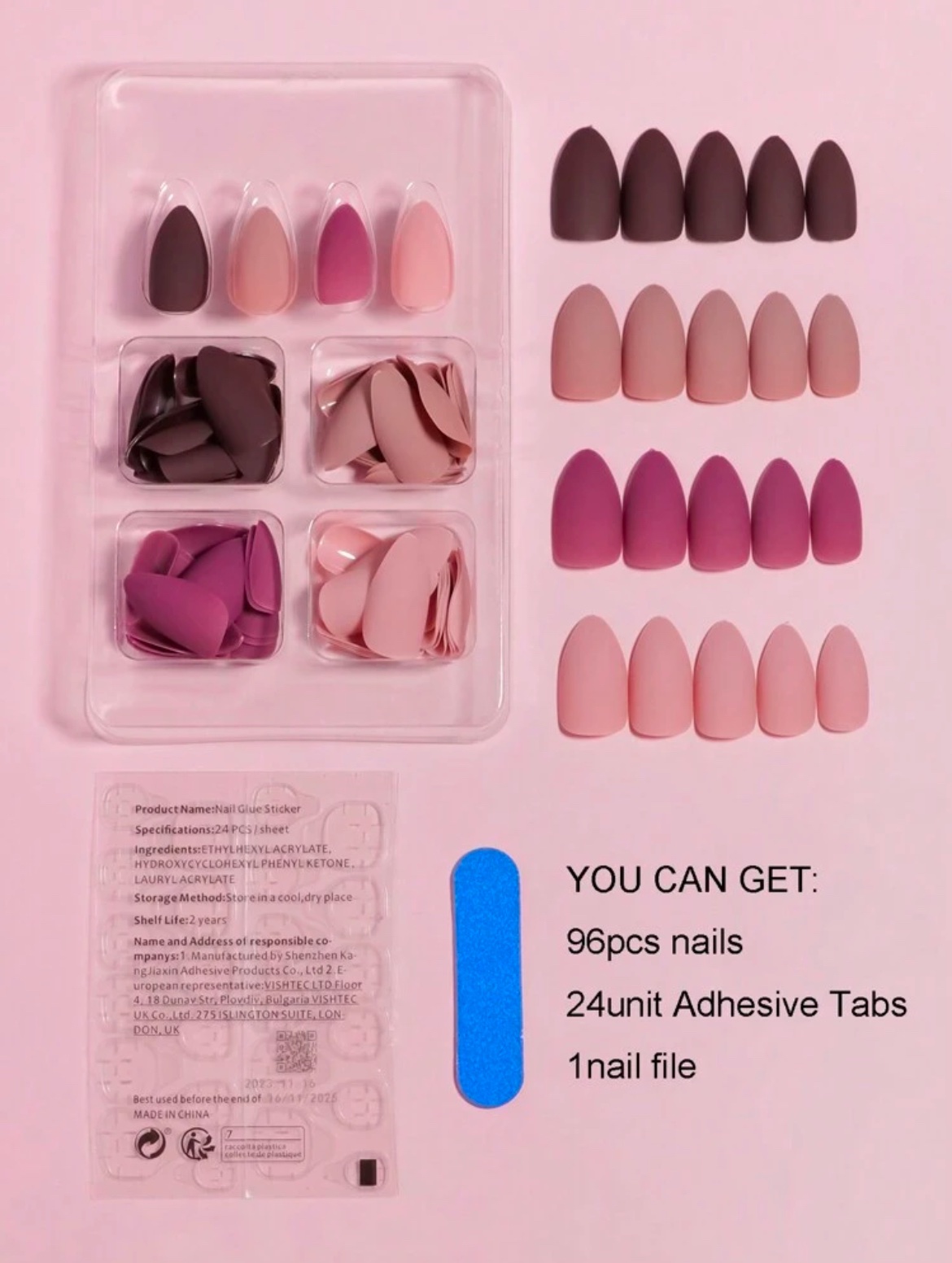 VV MEIJIAER Press-On Nails 96 Pièces Réutilisables Amande Moyenne (4 Couleurs Mates Ombre) + Feuille Adhésive + Mini Lime - ZJ239 VV MEIJIAER Press-On Nails 96 Pièces Réutilisables Amande Moyenne (4 Couleurs Mates Ombre) + Feuille Adhésive + Mini Lime - ZJ239