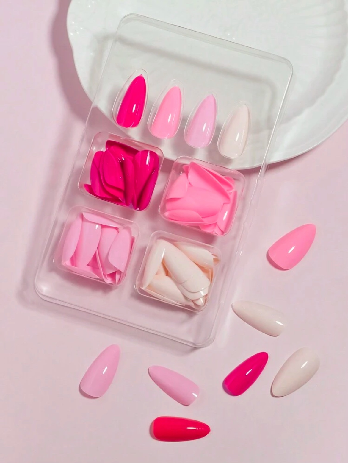 VV MEIJIAER Press-On Nails 96 Pièces Réutilisables Amande Longue (Série Roses Dégradés) + Feuille Adhésive + Mini Lime - ZJ227
