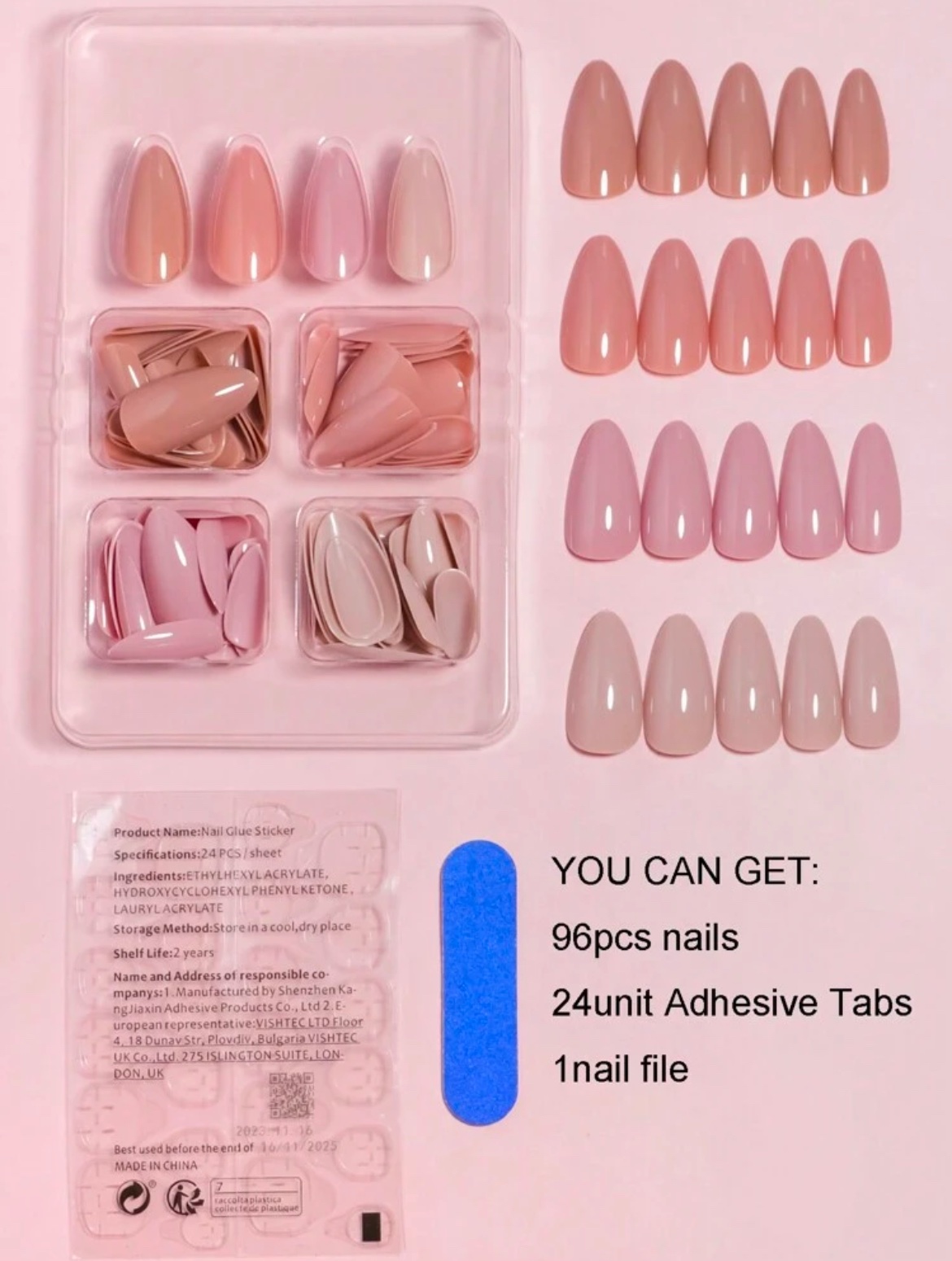 VV MEIJIAER Press-On Nails 96 Pièces Réutilisables Amande Longue (Série Nudes Dégradés) + Feuille Adhésive + Mini Lime - ZJ083