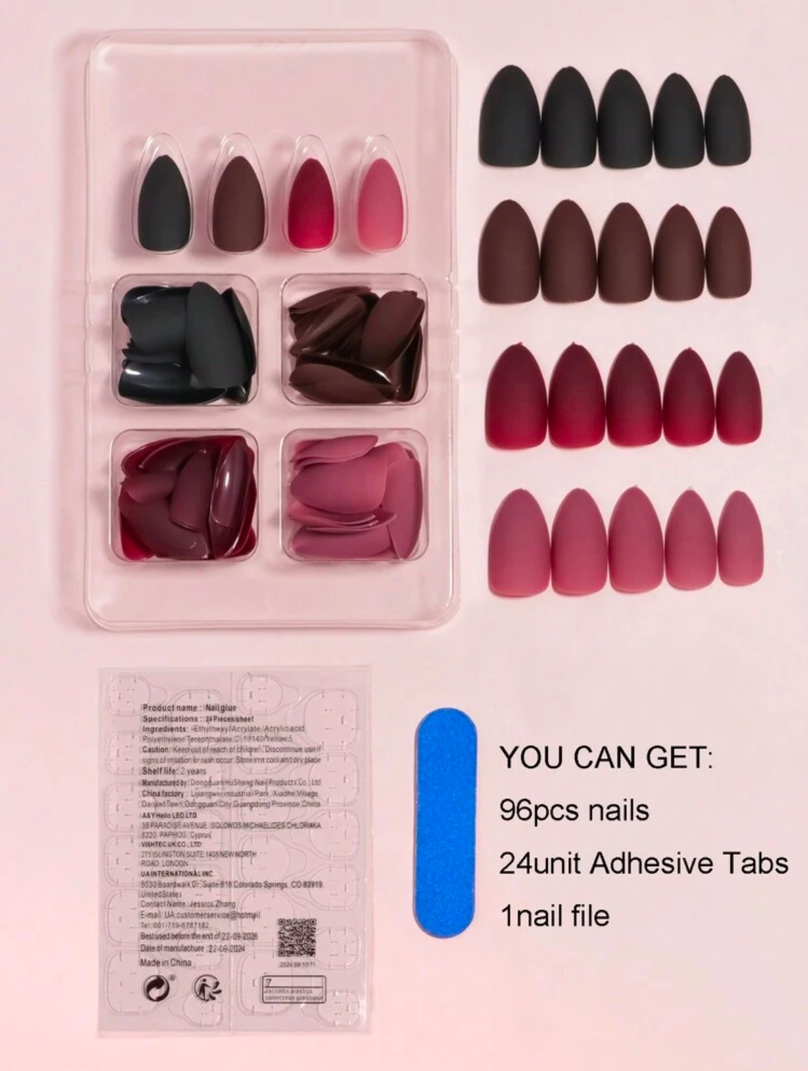 VV MEIJIAER Press-On Nails 96 Pièces Réutilisables Amande Moyenne (4 Couleurs Mates Dégradées) + Feuille Adhésive + Mini Lime - ZJ254 VV MEIJIAER Press-On Nails 96 Pièces Réutilisables Amande Moyenne (4 Couleurs Mates Dégradées) + Feuille Adhésive + Mini Lime - ZJ254