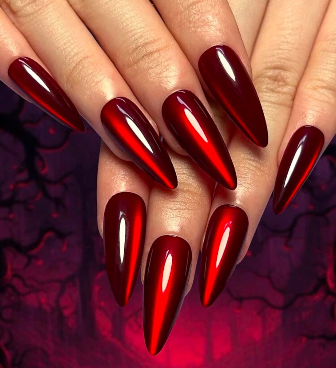 VV MEIJIAER Press-On Nails 30 Pièces Réutilisables Stiletto Longue (Rouge Vampire) + Feuille Adhésive + Mini Lime - ZJ202