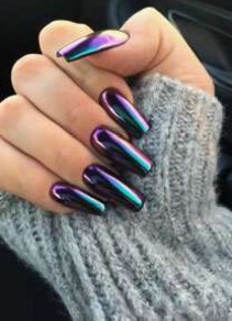 VV MEIJIAER Press-On Nails 20 Pièces Coffin Long (Prune Chrome) + Feuille Adhésive + Mini Lime - ZJ139