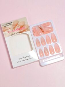 VV MEIJIAER Press-On Nails 24 Pièces Amande Longue (Rose) + Feuille Adhésive + Mini Lime - ZJ377
