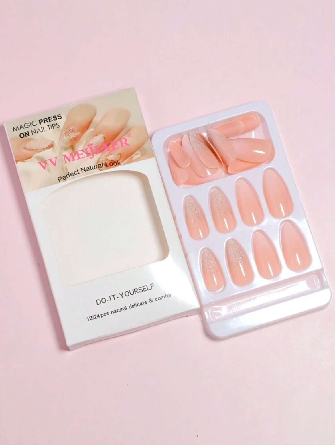 VV MEIJIAER Press-On Nails 24 Pièces Amande Longue (Rose) + Feuille Adhésive + Mini Lime - ZJ377 VV MEIJIAER Press-On Nails 24 Pièces Amande Longue (Rose) + Feuille Adhésive + Mini Lime - ZJ377