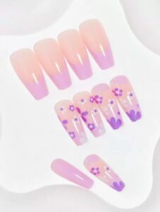 VV MEIJIAER Press-On Nails 24 Pièces Coffin Longue (French Dessin Fleurs) + Feuille Adhésive + Mini Lime - ZJ212 VV MEIJIAER Press-On Nails 24 Pièces Coffin Longue (French Dessin Fleurs) + Feuille Adhésive + Mini Lime - ZJ212