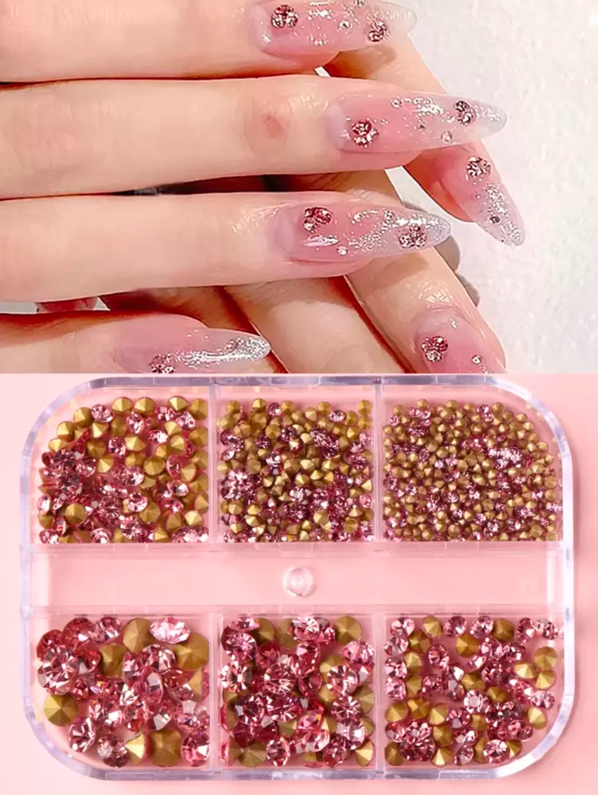 SH Strass ongles dos pointu rose Boîte 6 cases