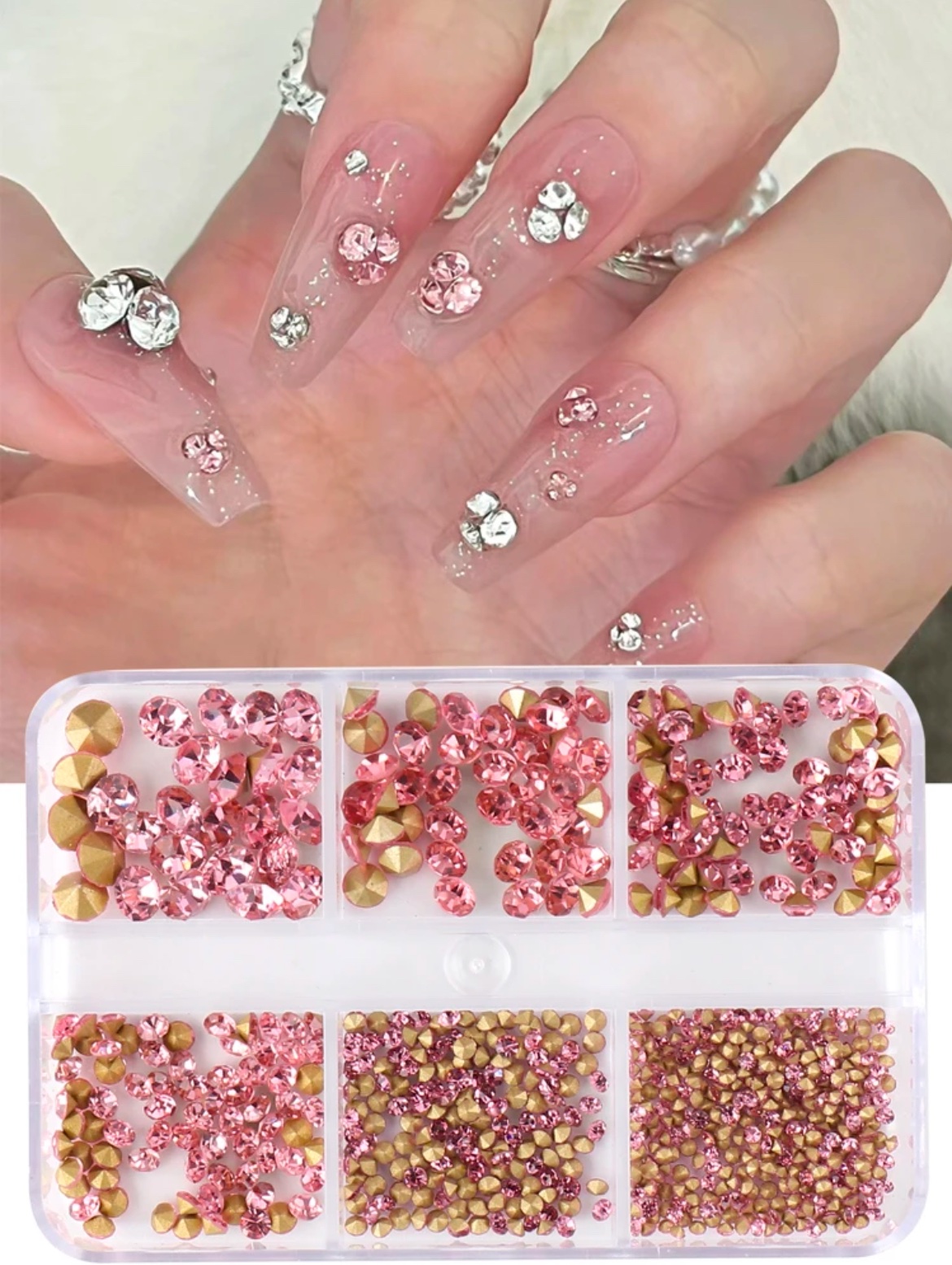 SH Strass ongles dos pointu rose Boîte 6 cases