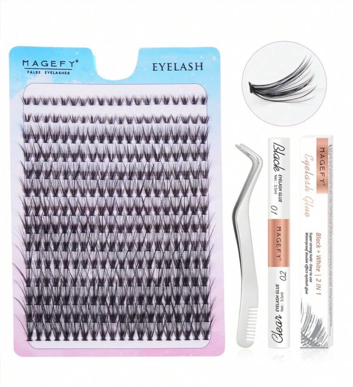 MAGEFY 280 Brins De Faux Cils Individuels Avec Colle Et Pince Courbée (MGY7598-1+TZ)