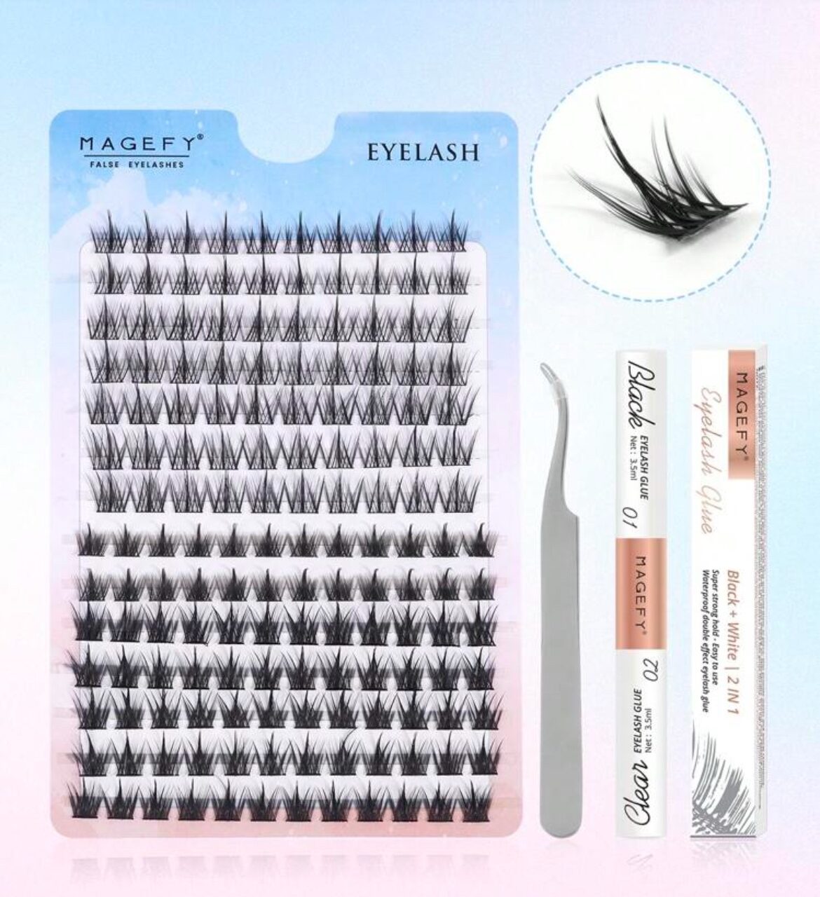 MAGEFY 154 Clusters De Faux Cils Individuels Avec Colle Et Pince Courbée (MGY7598-3+TZ)