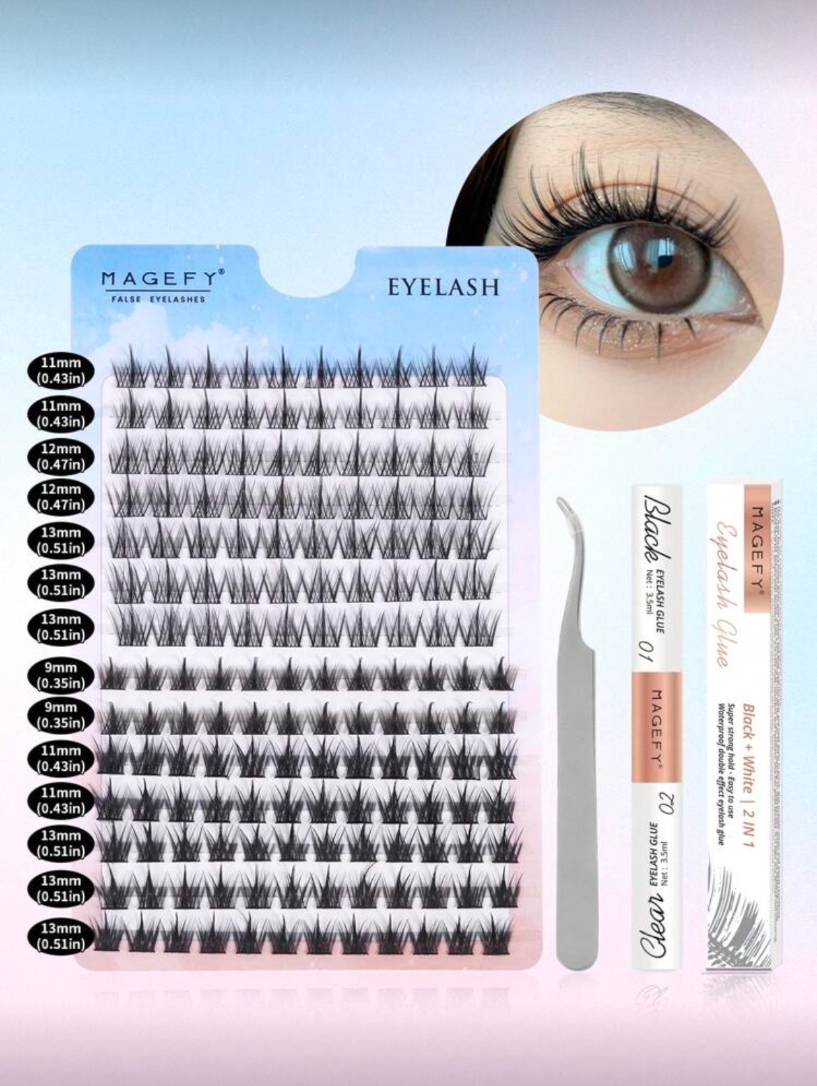 img_2119 MAGEFY 154 Clusters De Faux Cils Individuels Avec Colle Et Pince Courbée (MGY7598-3+TZ)